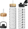 MUKOKO Glass Water Bottles, 32oz Glass Tumbler with Straw, Drinking Bottles with 2 Lids-Handle Spout Lid&Bamboo Straw Lid, Motivational Water Bottle with Time Marker and Silicone Sleeve, 1 Pack-White