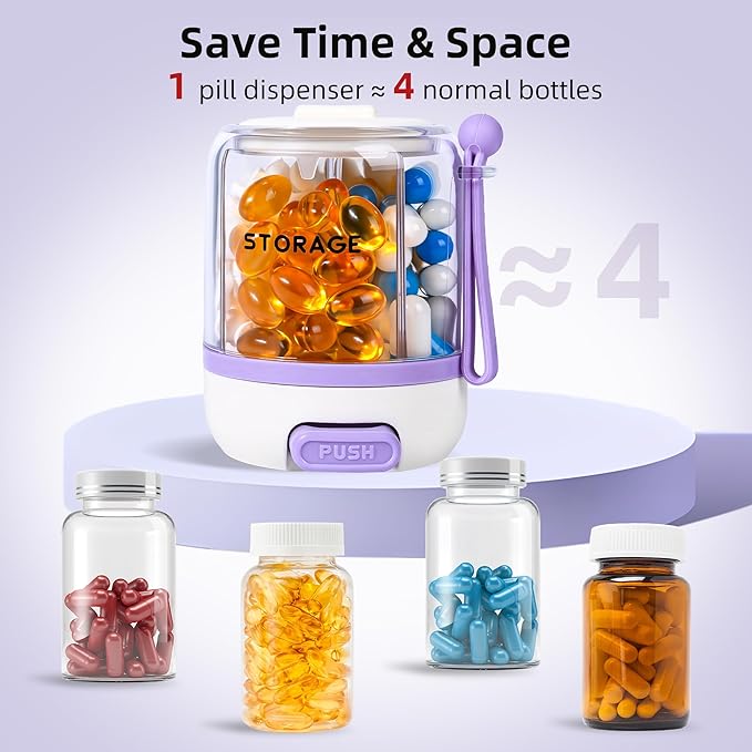 4 Compartments Pill Bottle Organizer, Anti-Mix Travel Pill Dispenser with Safety Lock, Pill Case with 16pcs Labels, Cute Pill Organizer for Seniors, Caregivers & Daily Vitamin Management(Purple)