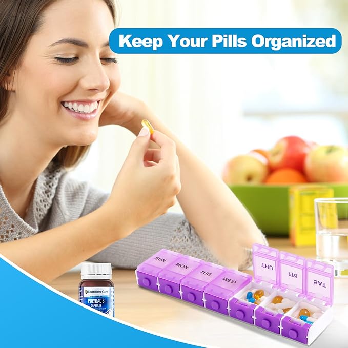 2 Pack Push Button Weekly Pill Organizer 2 Times a Day, Medicine Pill Organizer, Pill Box Case 7 Day AM PM, Pill Container for Vitamins, Fish Oil, Supplements Medication（Blue+Purple
