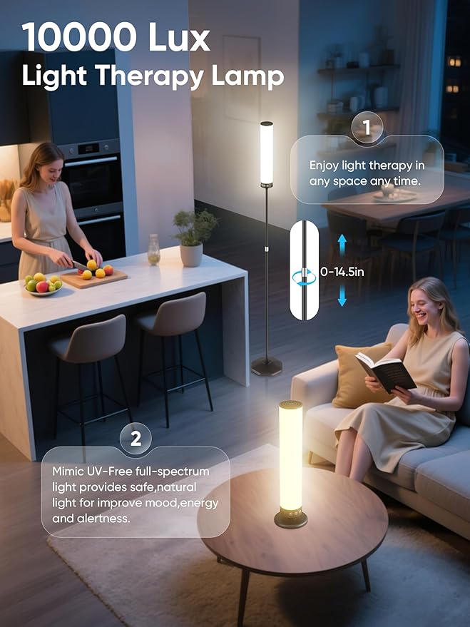 Light Therapy Lamp 10,000 Lux Happy Therapy Light with Remote, 2-in-1 Pedestal to Tabletop Full Spectrum Daylight Lamp with Adjustable Color/Brightness/Timer, Memory Function, Black