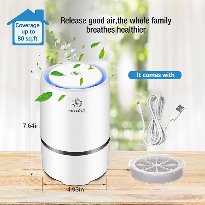 MELEDEN Air Purifier for Home with True HEPA Filters,Low Noise Portable Air Purifiers with Night Light,Desktop USB Air Cleaner