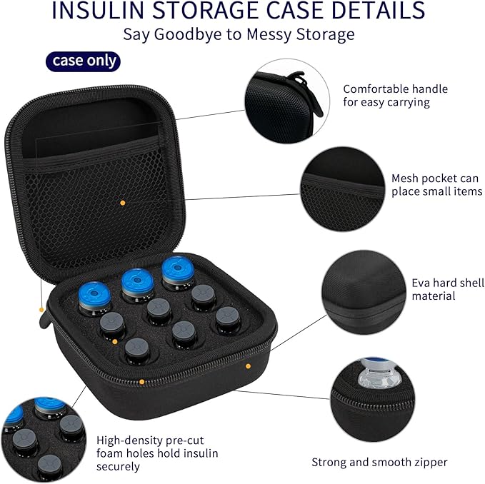 Insulin Vial Case for Travel, Fits 10ml/3ml Bottles, Hard Shell Insulin Bottle Storage Organizer with Foam Slots & Mesh Pocket, Diabetic Supplies Organizer for Home and On-The-Go (15 Slots)