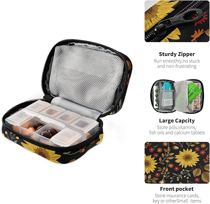 xigua Sunflower Pill Case 7-Day Travel Pill Organizer Box with Zipper Closure for Vitamins, Medication and Supplements