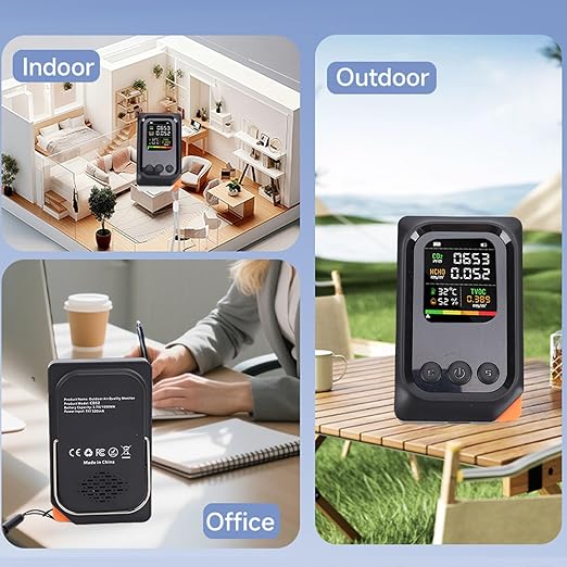 5 in 1 Air Quality Detector, CO2 TVOC HCHO Temp Humid Monitor Rechargeable Battery Voice Alert for Home Office Travel