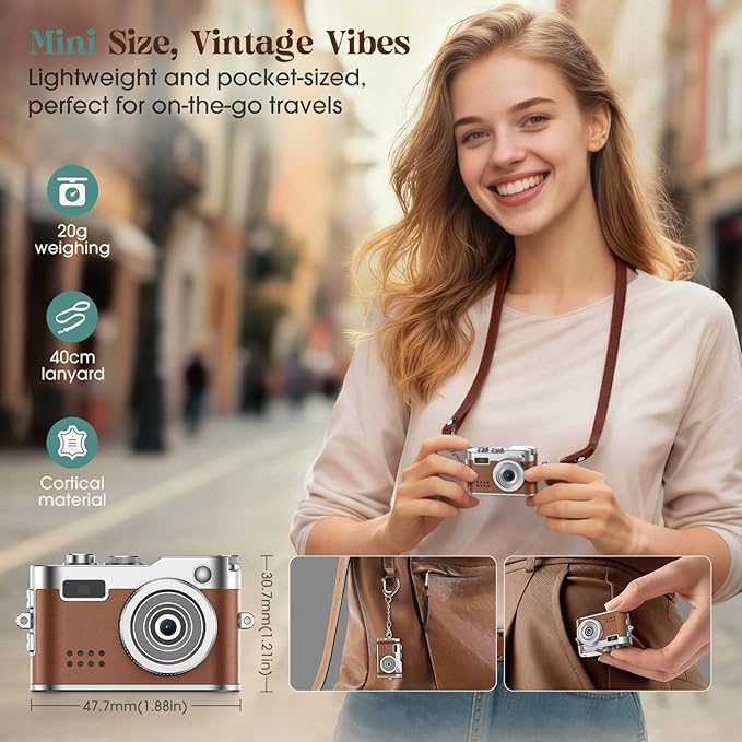 Mini Digital Camera, Keychain Camera 1080P HD with 2MP Lens, Flash, Video Recording, 32G Card Included, Portable and Compact Retro Vlog Camera for Travel, Kids, Brown