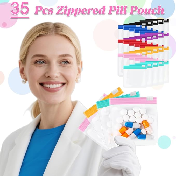 35 Pcs Pill Pouch Bags, Reusable Zippered Pill Pouch, Self Sealing Medicine Bag, Small Plastic Pills Bags with Slide Lock, Portable Pills Pouches for Travel Medicine Organizer(7 Colors)