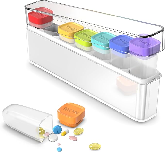 Weekly Pill Organizer 1 Time a Day, HIONXMGA Portable Detachable Travel Pill Box 7 Day, Large Once Daily Pill Holder Case, Color-Coded Dispenser for Vitamin Medicine Supplement Fish Oil, White