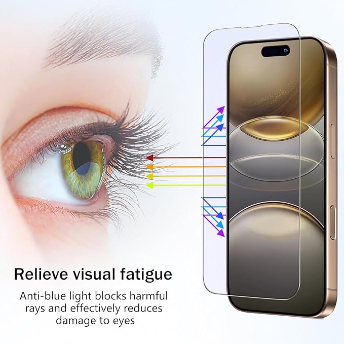 HPTech 2 Pack Anti Blue Light Screen Protector for iPhone 16 Pro/iPhone 17 Eye Protection Tempered Glass Film, Easy to Install, Bubble Free