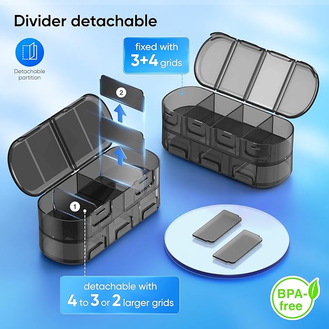 Weekly Pill Organizer Travel, 2/3/4 Times a Day, Double-Sided Opening Design, Portable Pill Box for Storing Fish Oils/Medication/Vitamins/Supplements (2PC Black)