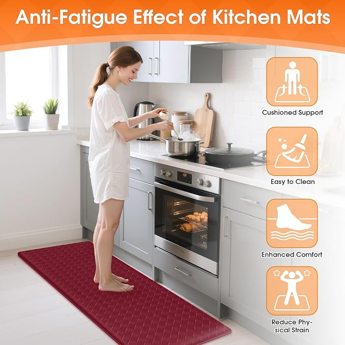 Kitchen Mats, 2PCS Kitchen Rugs, Cushioned Anti Fatigue Kitchen Mats for Floor, Non-Slip Standing Desk Mat, Waterproof Kitchen Rug Set for Kitchen, Floor, Office,17.3"×30"+17.3"×47",Red