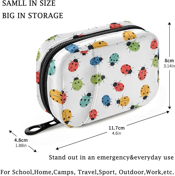 Fustylead Colorful Hand Draw Ladybugs Pill Organizer and Storage Weekly with Zipper, Removable Pill Box Portable Medicine Organizer for Vitamin Fish Oil Supplement