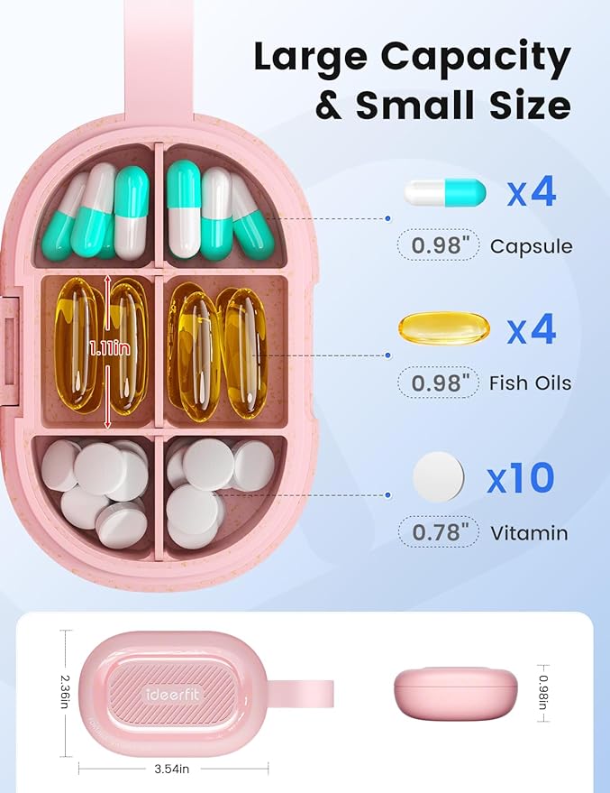 Travel Pill Organizer, Adjustable 3-6 Compartments Portable Pill Box, Small Pill Case Daily Medicine Container, Moisture Proof Storage Hold Vitamin Supplement Dispenser for Pocket Purse-Green