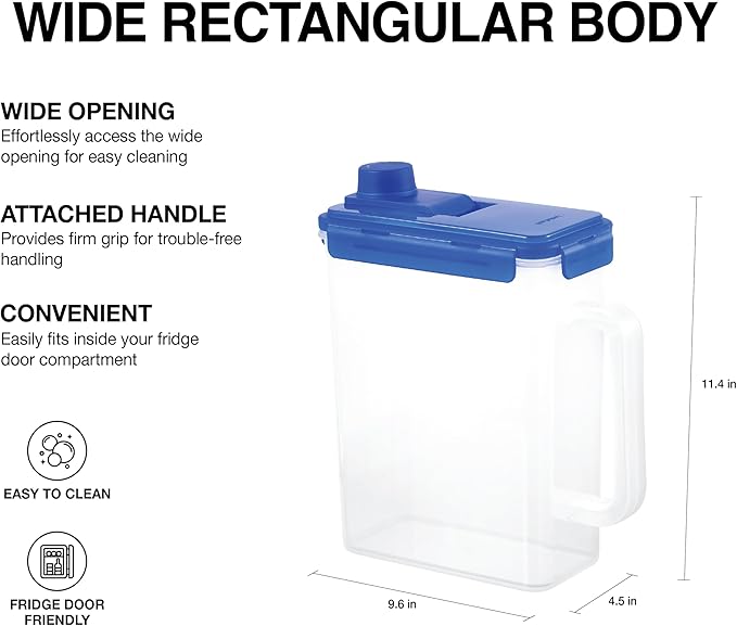 LocknLock Aqua Fridge Door Water Jug with Handle BPA Free Plastic Pitcher with Screw Top Lid Perfect for Making Teas and Juices, 1 Gallon, Blue (Pack of 2)