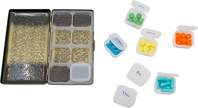 Set of 2 Metal-Plated Weekly (7-Day) Pill Box Case & Portable Medicine Organizer (Large Antique Brass Victorian)