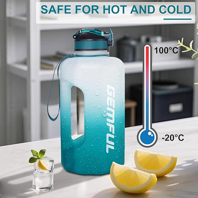 GEMFUL 2.2L Motivational Water Bottle with Straw & Measurements BPA-Free Half Gallon Jug for Gym Fitness Leakproof with Handle (Cyan)