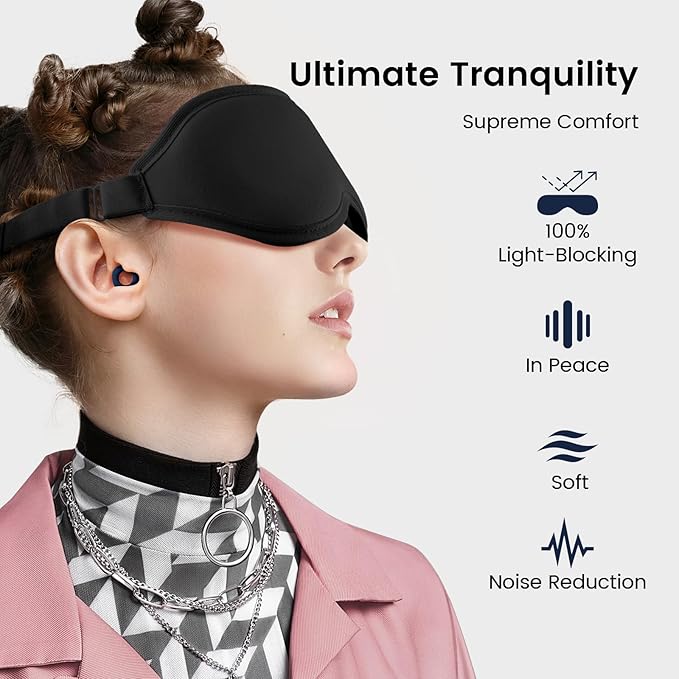 Audree Ear Plugs and Eye Mask for Sleeping - Noise Reduction Earplugs with Reusable Soft Silicone | 100% Light Blocking Sleep Mask for Light Sleeper, Noise Sensitivity Situation, Blue + Black