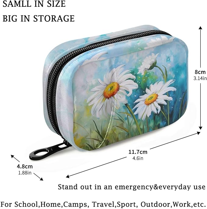 Fustylead Vibrant White Daisy Flowers Oil Painting Travel Pill Organizer Case Zipper for Purse with Removable Weekly Pill Box for Medicine, Vitamin, Supplement Medicine Organizer