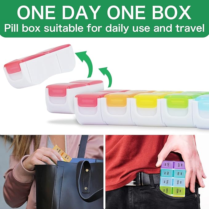 DailyRest Pill Organizer 2 Times a Day, Pill Box 7 Day, AM PM Pill Case, Detachable Weekly Pill Container, Rainbow See-Through Lids, Travel Portable Medicine Container for Pill/Vitamins/Supplements