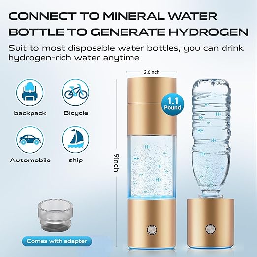 Hydrogen Water Bottle Generator,4500PPB SPE/PEM Technology -Smart Electrolysis Water Ionizer -320ML Portable Rich Hydrogen Water Machine for Health Gifts, 24-Hour Hydrogen Retention (Gold)