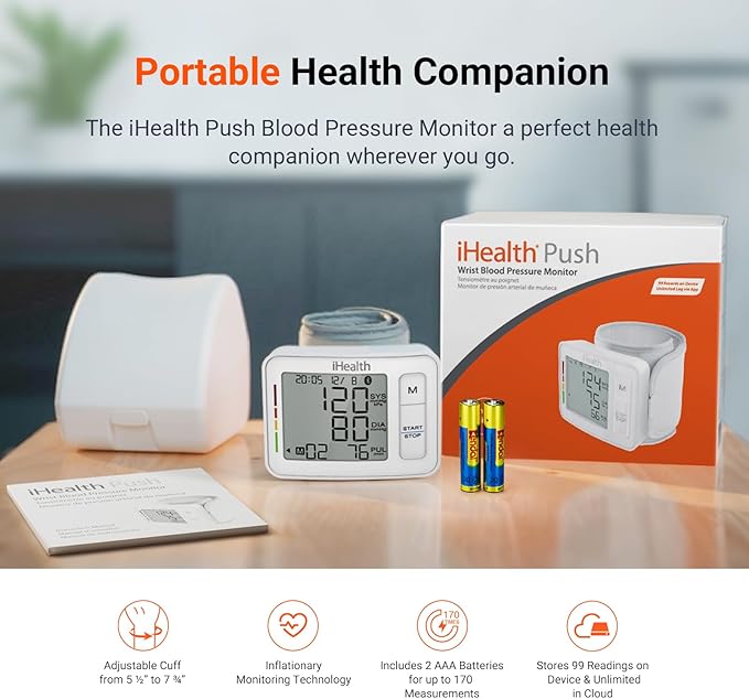iHealth Push Wrist Blood Pressure Monitor, Digital Bluetooth Blood Pressure Machine with Large Display and Portable Carrying Case for At Home and Travel Use