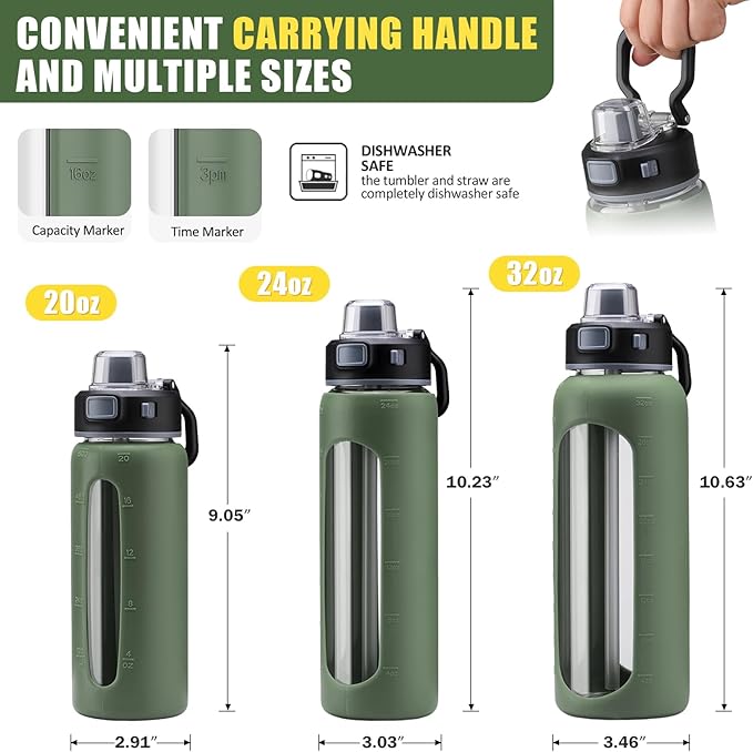 Kodrine 20oz Glass Water Bottle with Straw-2 Lids for Easy Carry with Handle, Silicone Sleeve & Time Marker, Reusable Glass Drinking Bottle for Home,Office,Outdoors, Cupholder Friendly-Olive