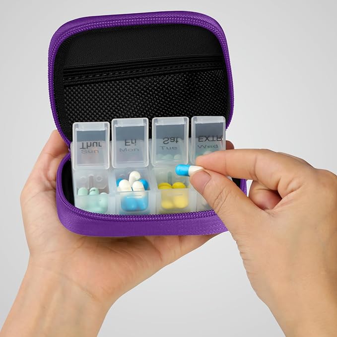 Pill Case Weekly Travel Pill Organizer for Purse with Removable 7 Day Pill Box Premium Neoprene Pill Container for Travel Purse Accessory, Vitamin, Supplement, Small Pieces Arrangement-Purple