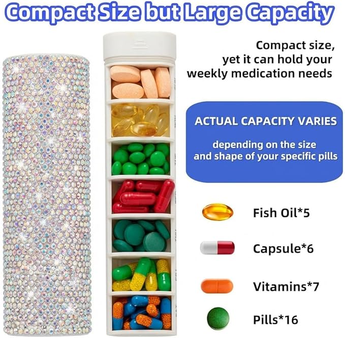 Pill Case for Purse Bling 7-Day Pill Organizer Weekly Compact Medicine Containers Travel Medication Box Holder for Traveling Women(Colorful)