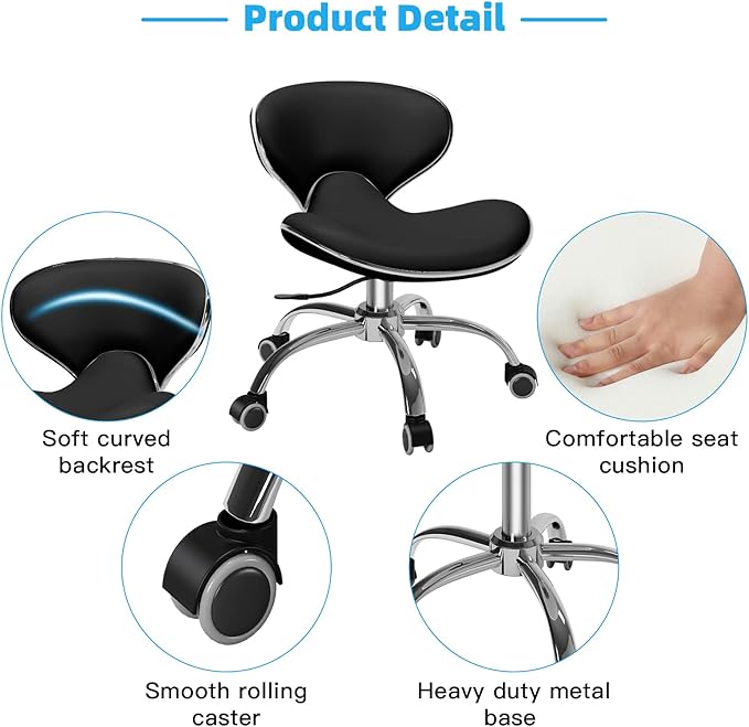 Pedicure Chair for Nail Tech,Adjustable Height, Hourglass Type Ergonomic Back Support Rolling Swivel Stool,Perfect for Massage and Salon Office Facial Spa Medical Tatoo