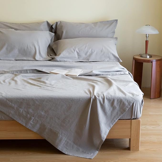 Simple&Opulence Belgian Linen Sheet Set Solid Color - 6 Pieces (1 Flat Sheet & 1 Fitted Sheet & 4 Pillowcases) 16" Deep Pocket Natural Flax Cotton Blended Soft Bedding - Grey, Queen Size