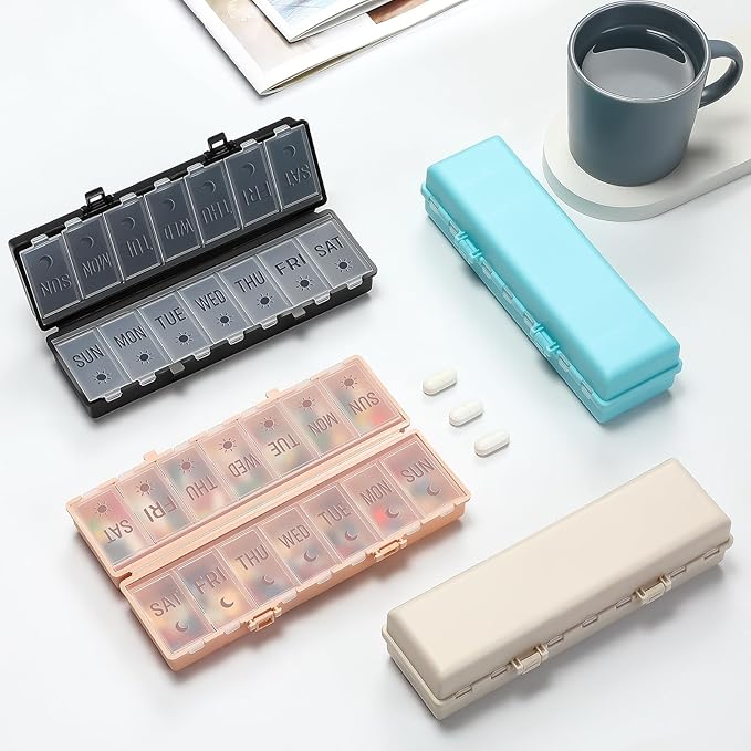 Foldable Pill Organizer 2 Times a Day w/Etched Labels -Dual Protection & Portable Weekly AM PM Pill Box, 7 Day Medicine Container, Large Travel Pill Case for Week Daily Supplement Vitamin - Black