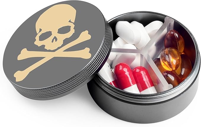 Small Pill Case 3 Compartments, Metal Round Portable Pill Box, Waterproof Travel Pill Organizer, Pocket Purse Medicine Vitamin Holder EDC Container (Grey with Gold Head)