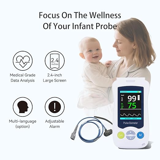 Overnight Pulse Oximeter for Baby, Medical Grade Accuarcy SpO2 & Pulse Rate Continuous Pulse Oximeter Pediatric Blood Oxygen Saturation Monitor Handheld Infant with Adjustable Alarms and 500 Data Storage for Toddler
