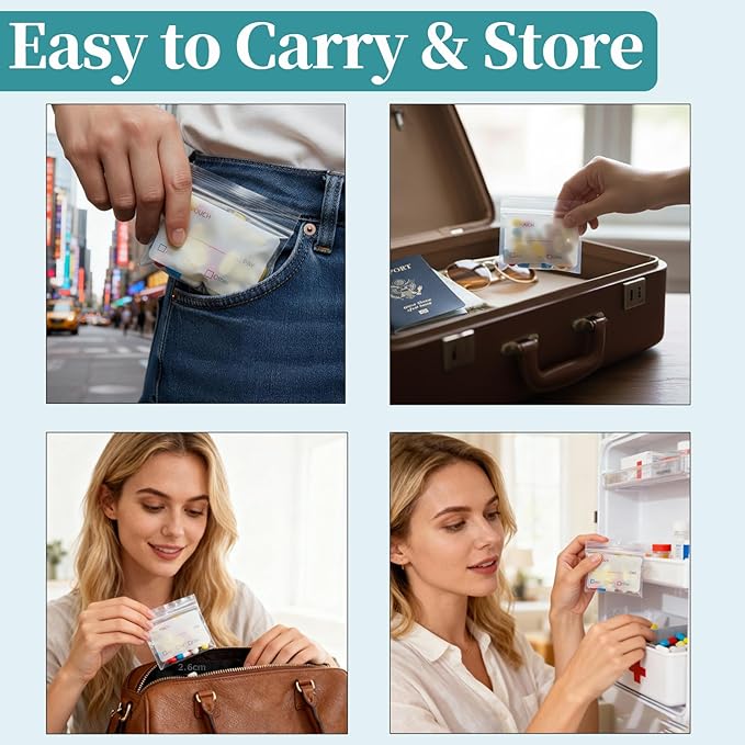 Reusable Pill Bags and Pill Pouches Medicine Bag with Secure Zipper Seal, Clear Label Space, Moisture Resistant Pill Packets for Travel, Portable Storage for Vitamins, Supplements, and Daily Doses