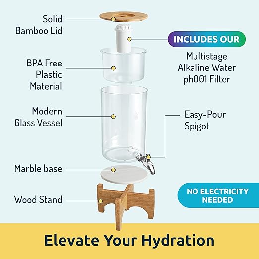 Invigorated Water - Alkaline Countertop Water Filter Dispenser, Large 53-Cup Capacity, Mineralized Alkaline Water, BPA-Free, 96 Gallons/Filter (White, 3 Filters Included)