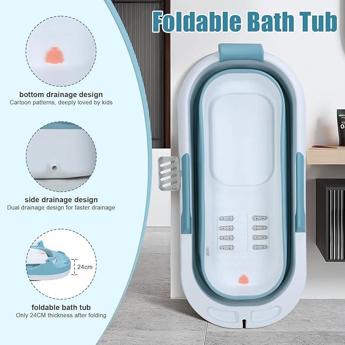 51" Portable Bathtub for Adult,Foldable Tub with Handle,Ergonomic Headrest,Soaking Tub,No Lid,Large Collapsible Bathtub for Shower Ice Bath,Hot Bath,Home Sauna, Sweat Steaming (Blue C, 141 cm)