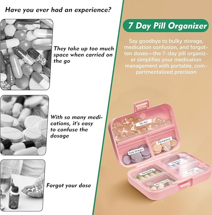 7 Day Pill Organizer with Snap-Lock Leakproof Design - Portable Travel Pill Case for Pills, Vitamins, Supplements, BPA-Free Mini Medicine Box for Work, Outdoor, Traveling (Pink)