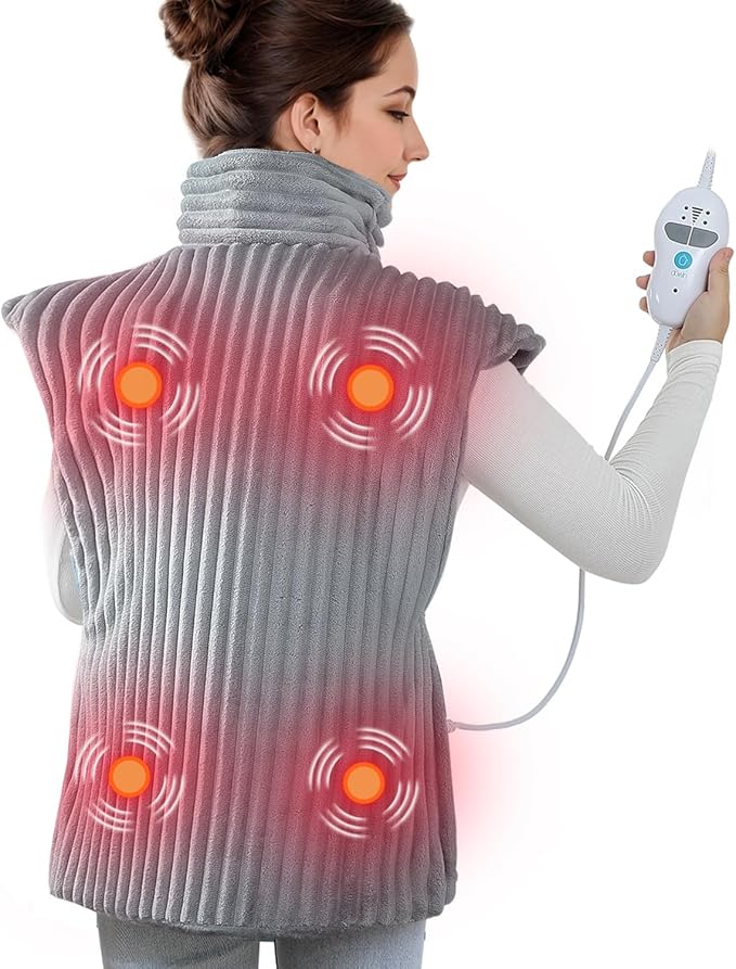 Dowin Heating Pad with Massager for Back Pain Cramps Relief,24"x35" Electric Heating Pad for Neck and Shoulders,Inner Detachable Heated Pad Wrap with 4 Massagers,Gifts for Women Men (Grey)