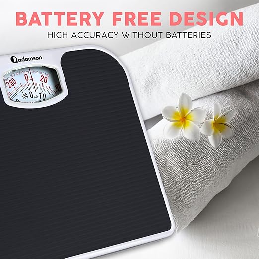 Adamson A21 Analog Scales for Body Weight - Up to 300 LB - New - Anti-Skid Rubber Surface + Large Numbers - Analog Bathroom Scale - Affordable - Durable with 20-Year Assurance - Black