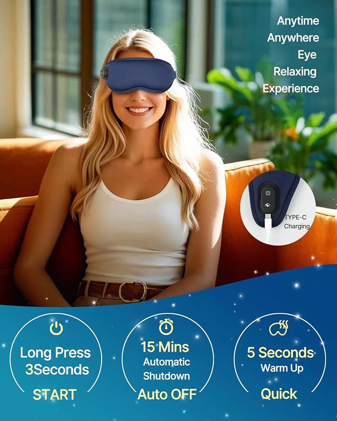 Upgraded Cordless Heated Eye Massager with 3 Temperature, 3 Vibrating Heating Sleeping Mask for Men Women Kids -USB Charing Heated Eye Mask Electric for Dry Eyes, Relax,Travel