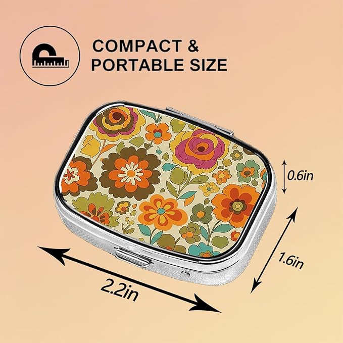 Square Pill Case Small Pill Box with Mirror Pocket 2 Compartment Vitamin Pill Medicine Case Organizer Pill Containers for Traveling Vintage Flower Petals Two