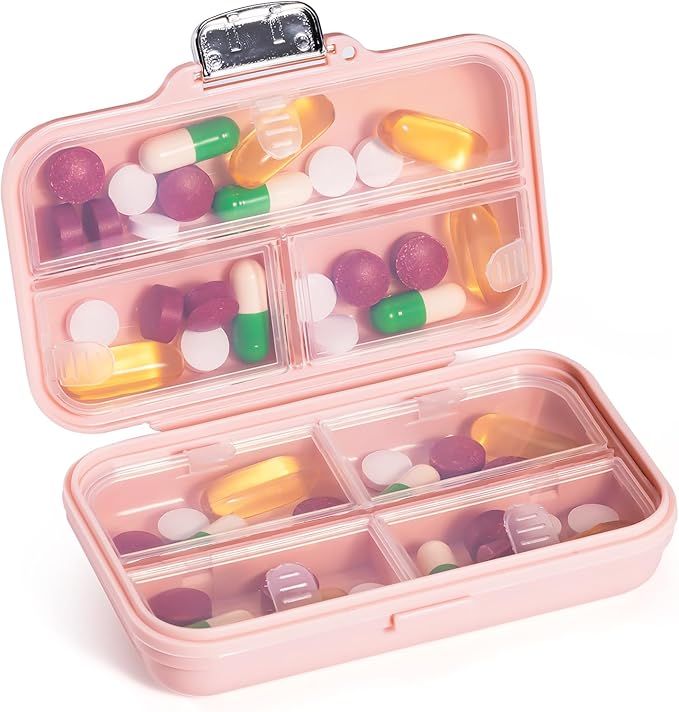 Daviky Travel Pill Organizer,Large 7-Compartment Pill Box for Vitamins & Medications, Compact Medicine Case for Pocket or Purse(Pink)