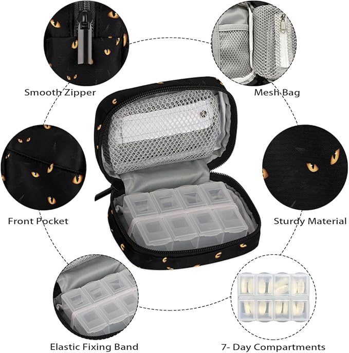Black cat Eyes Pill Case Everyday Travel, 7 Day Weekly Medicine Pill Box Compact Portable Pills Bottle Organizer with Zipper for Daily Vitamin Medicine Holder Bottle Organizers Bag