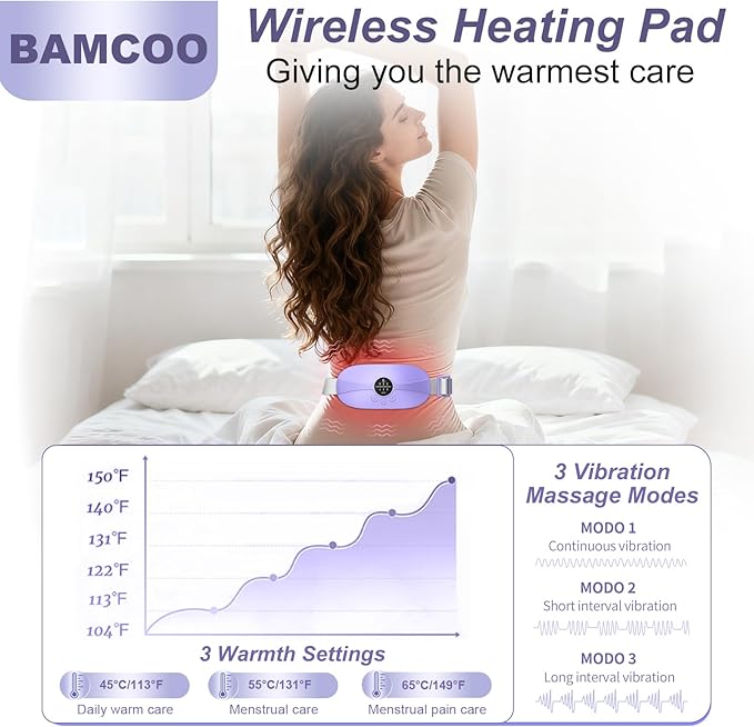 Portable Cordless Heating Pad, 5s Fast Heating, 3 Heat Levels and 3 Massage Modes, Menstrual Heating Pads for Women and Girls (Purple)