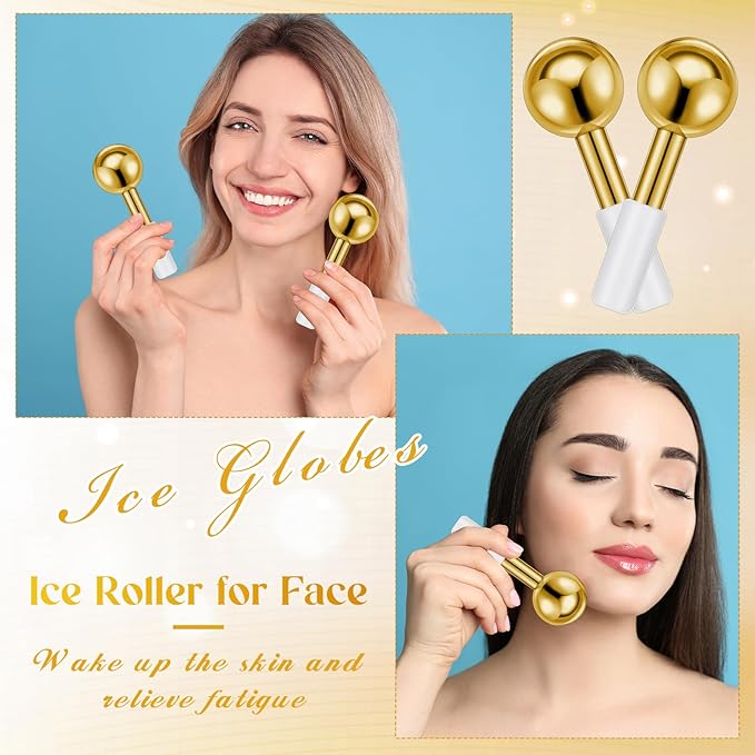 Baderke 2 Pcs Ice Globes for Face Stainless Steel Cooling Globes Unbreakable Cooling Roller Women Ice Balls Cryo Sticks Facials Skin Care for Dark Circles, Puffiness(Gold (White Handle))
