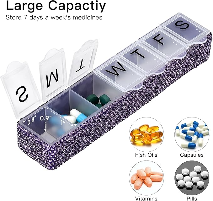 Soleebee Portable Weekly 7 Day Pill Organizer, Bling Crystal Pill Box Case, Travel Pill Planner, Pill Dispenser, Medicine Vitamin Container Organizer (Purple)