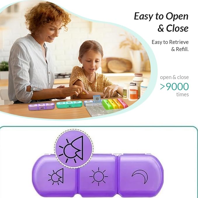 Weekly Pill Organizer 7 Day 3 Times, Portable Pill Organizer, BPA Free Pill Case, Travel Daily Pill Box Reminder, Medication Organizer for Vitamins, Supplements (Black+7 Color)