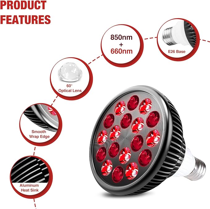 Red Light Therapy Bulb, Red Light Therapy for Body and Face Use, 18 LEDs 660nm Red and 850nm Near Infrared Red Light Therapy Lamp Suitable E26 Socket (Only Bulb)