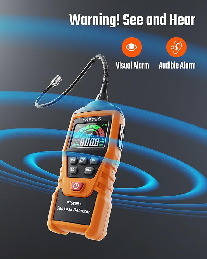 Rechargeable Gas Leak Detector, PT520B+ Natural Gas Leak Detector with a 17-inch Probe to Situate Gas Leaks for Propane, Natural Gas, Methane, LPG in RV or Home, Measuring PPM or%LEL - Orange