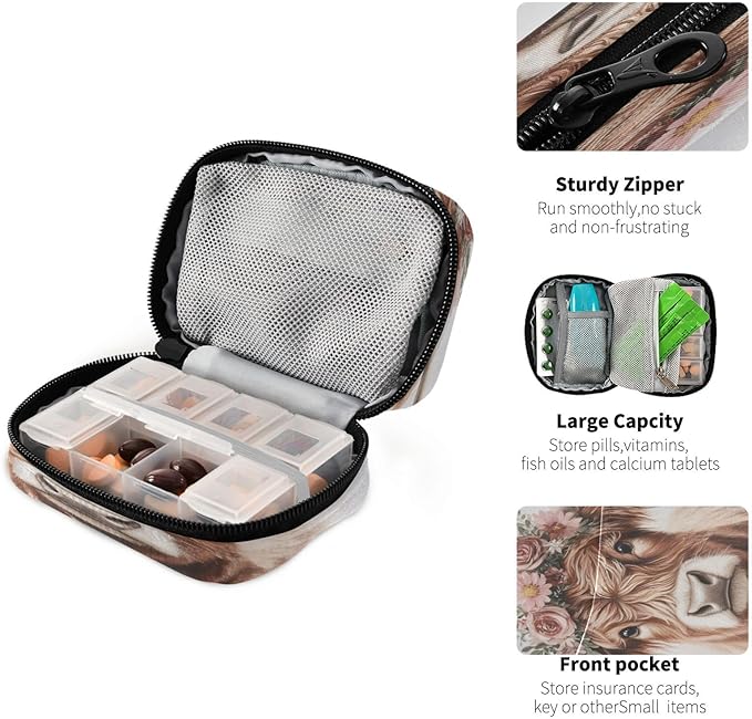 Cute Highland Cow with Flowers Pill Organizer Portable Travel Pill Case Weekly Pill Box for Medicine Vitamin Supplement