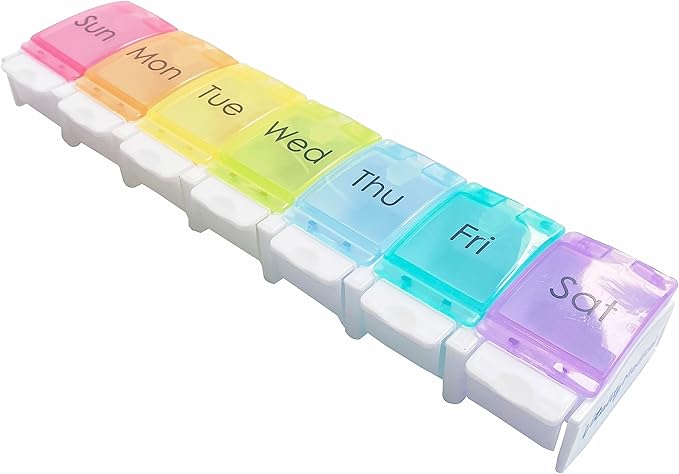 Weekly Pill Organizer Arthritis Friendly Pill Box 7 Day with Easy Push Buttons BPA Free Perfect for Travel with Medicine for Fish Oil Pill and Vitamin Supplements